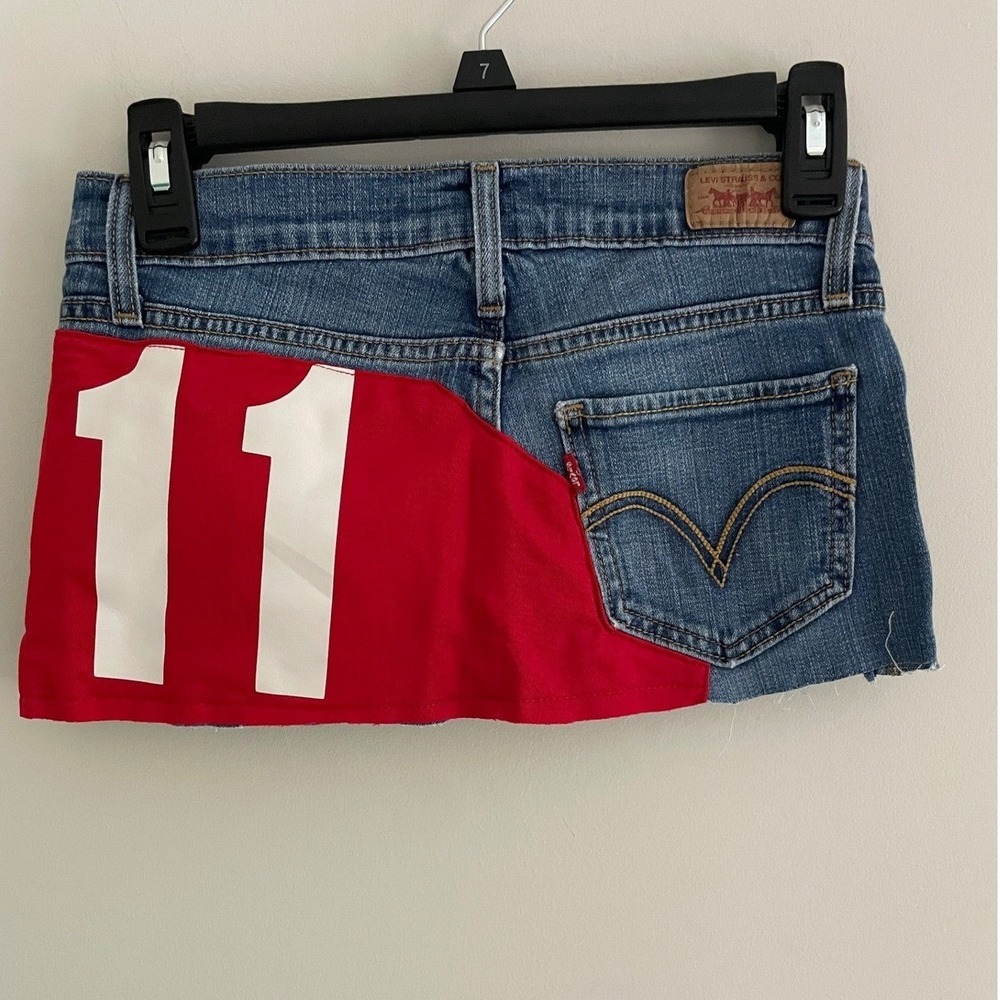 Levi's Upcycled Denim Mini Skirt Reworked Sports Red Jersey Number 11